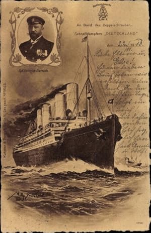 Künstler Ansichtskarte / Postkarte Stöwer, Willy, Dampfer Deutschland, HAPAG, Kapitän Heinrich Ba...