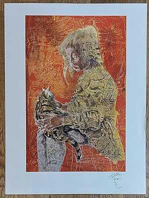 Sibylle und die Katze. 5.5.1970. Reproduktion eines Tempera-Bildes. Unten rechts von Erni in Blei...