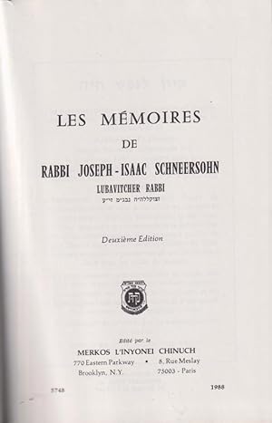 Image du vendeur pour Les mmoires de Rabbi Joseph-Isaac Schneersohn; Lubavitcher Rabbi. mis en vente par PRISCA