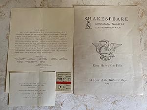 Bild des Verkufers fr King Henry V (Fifth): Souvenir Theatre Programme Performed at Shakespeare Memorial Theatre, Stratford-upon-Avon | A Cycle of the Historical Plays 1951 + Flyer + Cast Change Slip + Original Ticket zum Verkauf von Little Stour Books PBFA Member