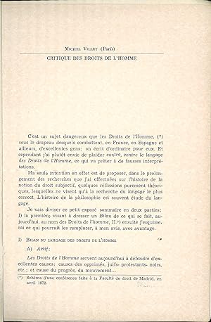 Bild des Verkufers fr CRITIQUE DES DROITS DE L HOMME, Schma d une confrence faite  la Facult de droit de Madrid, en avril 1972 zum Verkauf von La Memoire du Droit