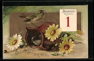 Imagen del vendedor de Ansichtskarte Singvgel mit einer Kanne, Neujahrsgruss a la venta por Bartko-Reher