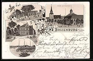 Lithographie Boizenburg a. d. Elbe, Bahnhof der Stadt- und Hafenbahn, Kirche und Rathaus, Elbberg...