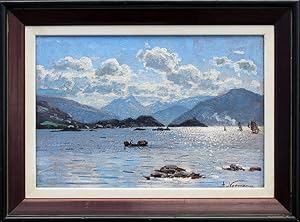 "Sommernacht im Fjord" originales Gemälde, Öl auf Malkarton ca.24x34,5cm; unten rechts signiert "...