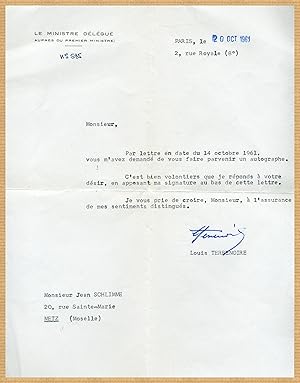 Imagen del vendedor de Louis Terrenoire (1908-1992) - Lettre signe - 1961 a la venta por PhP Autographs