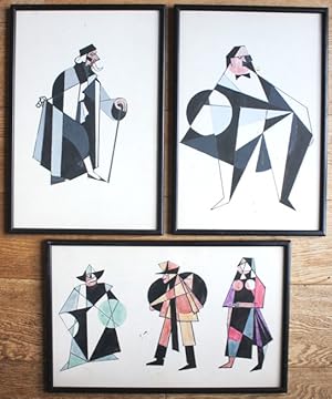 Five original costume designs in a constructivist style. Ink and gouache. Post war.