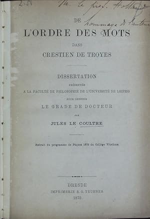 Bild des Verkufers fr De l'ordre des mots dans Crestien de Troyes. zum Verkauf von Antiquariat Bookfarm