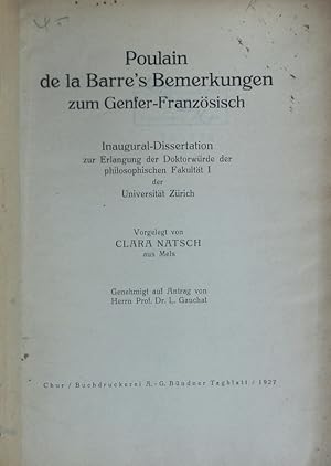 Immagine del venditore per Poulain de la Barre's Bemerkungen zum Genfer-Franz�sisch. venduto da Antiquariat Bookfarm
