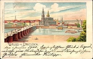 Bild des Verkufers fr Litho Dresden Altstadt, Brcke, Blick auf die Stadt vom anderen Ufer zum Verkauf von akpool GmbH