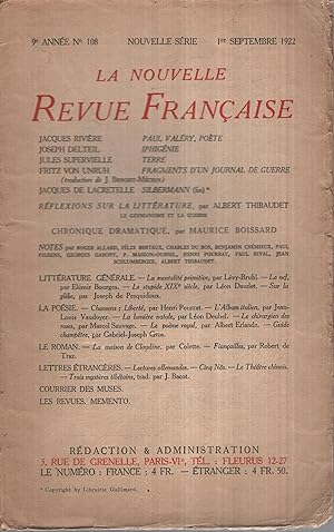 Seller image for La Nouvelle Revue Franaise Septembre 1922 N 108 for sale by PRISCA