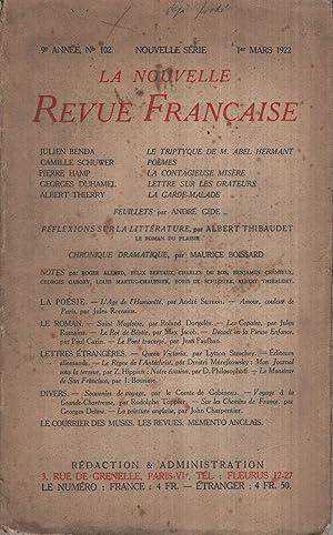 Seller image for La Nouvelle Revue Franaise Mars 1922 N 102 for sale by PRISCA