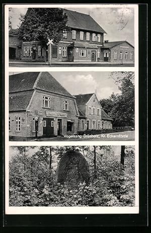 Ansichtskarte Vogelsang-Grünholz, Bahnhofswirtschaft von Walter Wiedecke, Auto-Reparatur-Werkstatt