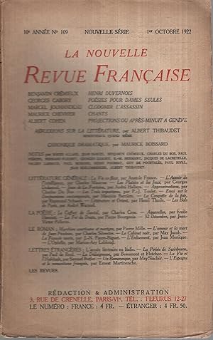 Bild des Verkufers fr La Nouvelle Revue Franaise Octobre 1922 N 109 zum Verkauf von PRISCA