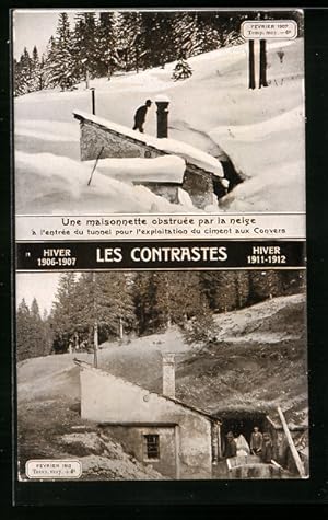 Ansichtskarte Hiver, Les Contrastes, Fevrier 1907 -6°, Fevrier 1912 +4°, Meteorologie
