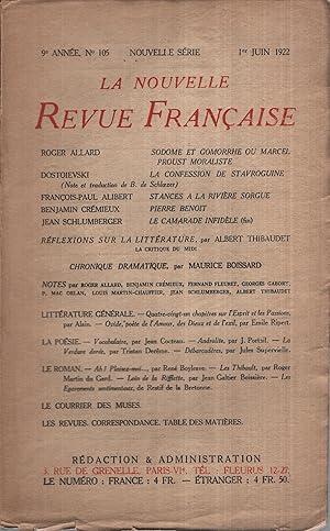 Bild des Verkufers fr La Nouvelle Revue Franaise Juin 1922 N 105 zum Verkauf von PRISCA