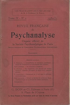 Bild des Verkufers fr REVUE FRANAISE DE PSYCHANALYSE Tome IV. N2. 1930-31. zum Verkauf von PRISCA