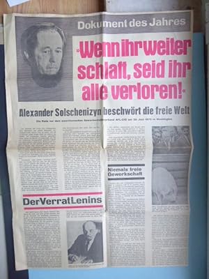 Bild des Verkufers fr Dokument des Jahres "Wenn ihr weiter schlaft, seid ihr alle verloren !". Alexander Solschenizyn beschwrt die freie Welt. Die Rede for dem amerikanischen Gewerkschaftsbuch AFL-CIO am 30. Juni 1975 in Washington. Verleger Wilhelm Adelmann u.a. zum Verkauf von Antiquariat Heinzelmnnchen