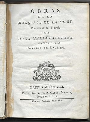 Seller image for Obras de la Marquesa de Lambert, traducidas del francs por Doa Maria Cayetana de la Cerda y Vera, Condesa de Lalaing. for sale by VVAMBITE