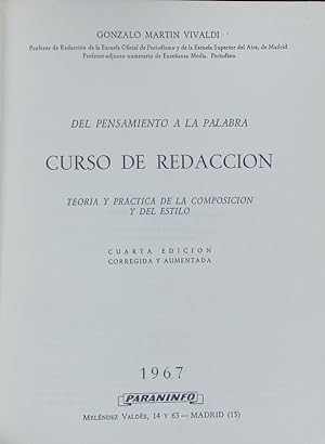 Imagen del vendedor de Del pensamiento a la palabra. Curso de redaccion. Teoria y practica de la composicion y del estilo. a la venta por Antiquariat Bookfarm