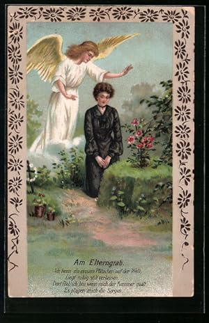 Bild des Verkufers fr Prge-Ansichtskarte Dame im schwarzen Kleid trauert am Elterngrab mit Engel zum Verkauf von Bartko-Reher