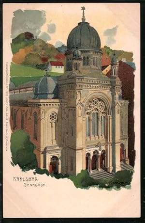 Künstler-Ansichtskarte Karlsbad, Darstellung der Synagoge
