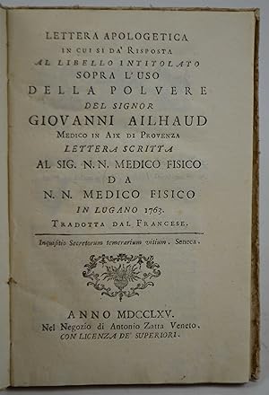 Lettera apologetica in cui si dà risposta al libello intitolato sopra l'uso della Polvere& Letter...