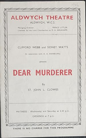 Seller image for Dear Murderer theatre programme for sale by Shore Books