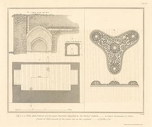 Plan and Sections of a vaulted Chamber attached to the Wall of Carlisle, and Figure of Saxon Orna...