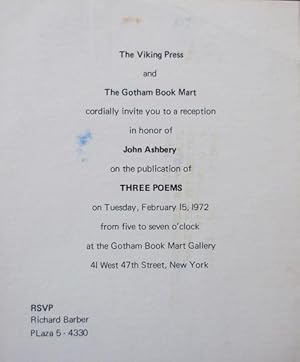 Publication Announcement Card for Ashbery's Three Poems from The Viking Press and The Gotham Book...