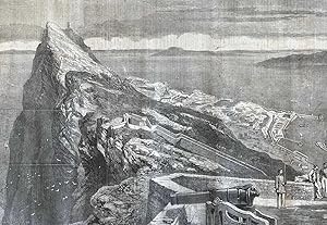 Image du vendeur pour The Rock of Gibraltar- Pointe d'Europe. Sketched from the Signal House with Ceuta and Tangier in the distance. An original print from the Illustrated London News, 1859. mis en vente par Cosmo Books