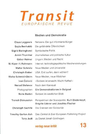 Bild des Verkufers fr Medien und Demokratie. Transit - Europische Revue, Heft 13, Sommer 1997. zum Verkauf von Fundus-Online GbR Borkert Schwarz Zerfa
