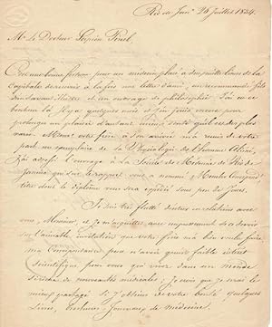 Une très importante lettre manuscrite de Xavier Sigaud à Scipion Pinel, (médecin français install...