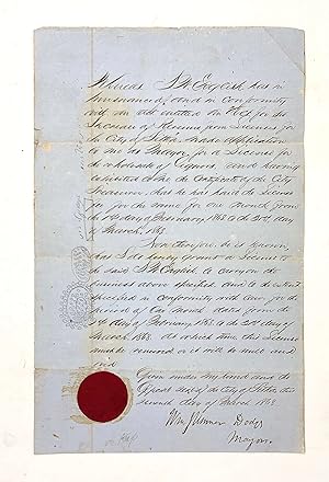 Imagen del vendedor de Dodge, William S. A Historically Important, One of the Earliest Manuscript Liquor Licenses Signed by the First Mayor of Sitka and Alaska Pioneer, William S. Dodge, Just a Year After the US Purchased Alaska from Russia and Only a Few Months before the Act of Congress of 27 July 1868 Prohibited the Sale and Import of Alcohol to the Inhabitants of the Territory. Sitka, 07 March 1868. a la venta por Globus Rare Books & Archives