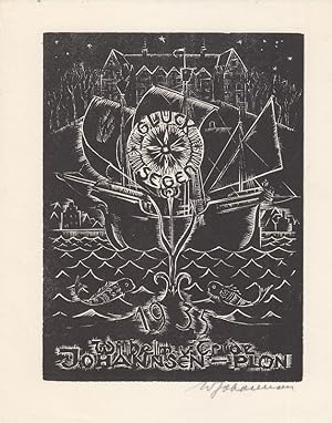 Bild des Verkufers fr Wilhelm u. Trude Johannsen - Pln. Segelschiff und Fische vor Gebuden. "Glck Segen 1935". zum Verkauf von Antiquariat  Braun