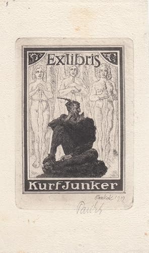 Bild des Verkufers fr Exlibris Kurt Junker [Schauspieler und Regisseur, 1878-1953]. Mephisto vor 3 Engeln. zum Verkauf von Antiquariat  Braun