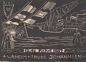 Bild des Verkufers fr Gute Fahrt 1932 Wilhelm + Trude Johannsen Kiel. Zwei Schiffe, Flaggen und Sonne am Horizont. zum Verkauf von Antiquariat  Braun