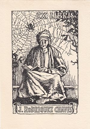 Ex Libris J. Rodriguez Chaves. Vor Spinnennetz mit Spinne sitzend lesende alte Frau.