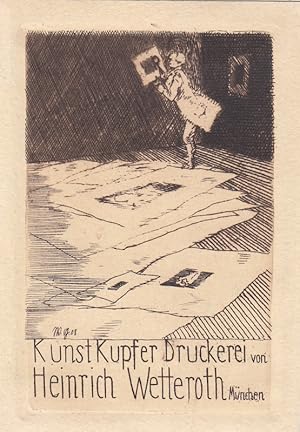 Kunst Kupfer Druckerei von Heinrich Wetteroth München. Menschlein, mit Lupe Grafik betrachtend.