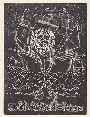 Bild des Verkufers fr Glck Segen 1935 Wilhelm u. Trude Johannsen - Pln. Leuchtende Blume, Fische und Segelboot vor Husern. zum Verkauf von Antiquariat  Braun