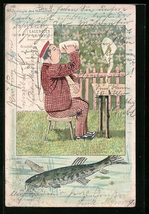 Bild des Verkufers fr Ansichtskarte Zoologie des Menschen, Dicker Student trinkt Bier, Fische, studentische Szene zum Verkauf von Bartko-Reher