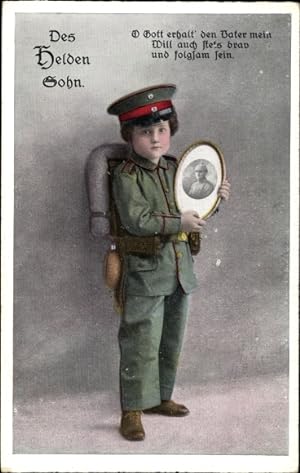 Ansichtskarte / Postkarte Kind in Militäruniform, Des Helden Sohn, O Gott erhalt den Vater mein.