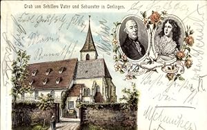 Bild des Verkufers fr Litho Gerlingen in Wrttemberg, Kirche, Grab von Schillers Vater und Schwester, Portraits zum Verkauf von akpool GmbH