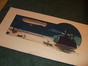 Poster dated 1914 / The Old and the New -Night Scene with a silent, looming zeppelin being spotli...