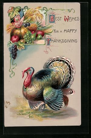 Bild des Verkufers fr Ansichtskarte Truthahn, Weintrauben und Krbis, Thanksgiving zum Verkauf von Bartko-Reher