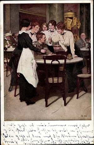 Künstler Ansichtskarte / Postkarte Wennerberg, Bruno, Der Stammgast, Soldat am Tisch, Kellnerinnen