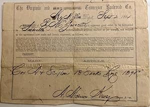 September 2, 1864 Receipt from The Virginia and Tennessee Railroad Co. carrying freight forward t...