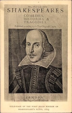 Bild des Verkufers fr Ansichtskarte / Postkarte Schriftsteller William Shakespeare, title page of the first folio edition of Shakespeare's plays zum Verkauf von akpool GmbH