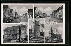 Ansichtskarte Luppa /Kr. Oschatz, Kirche, Schule, Gefallenen-Denkmal