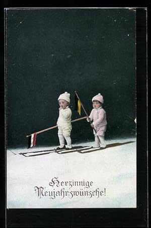Image du vendeur pour Ansichtskarte Zwei Jungen mit Fahnen fahren Ski, Neujahrsgruss mis en vente par Bartko-Reher