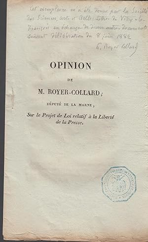 Bild des Verkufers fr Opinion de M. Royer-Collard, dput du dpartement de la Marne, sur le projet de loi relatif a la libert individuelle : extraite du Moniteur universel : sance du 14 janvier 1817. zum Verkauf von PRISCA